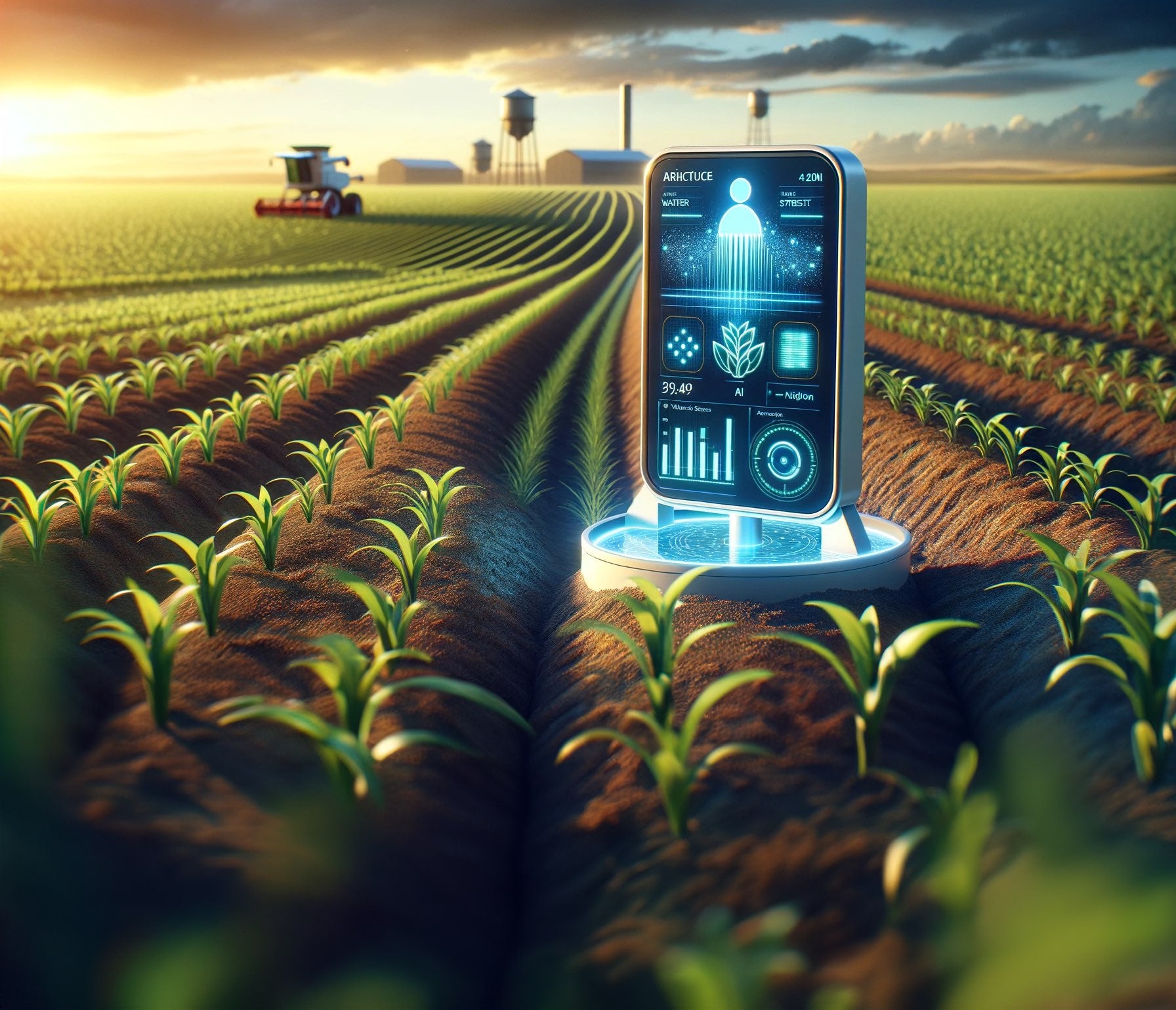 AI-generated graphic showing a cell phone in a field on a farm. UC Davis researchers are advancing AI technology in our food system.