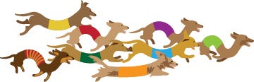 Graphic of many colored dachshunds running 