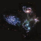 Five brightly colored galaxies against a black background
