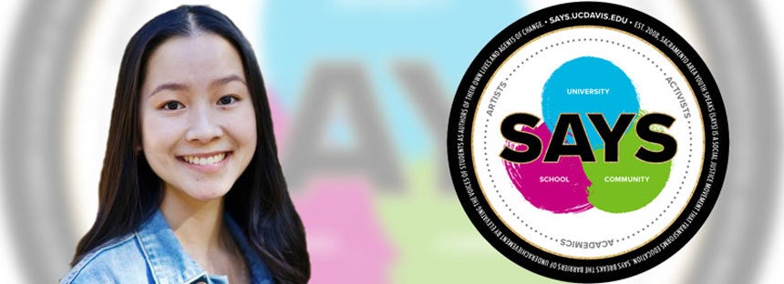 Alexandra Huynh headshot against backdrop of SAYS logo