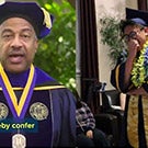 Man in commencement garb cries