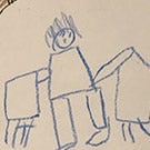 A small child's drawing of a veterinarian and two cows