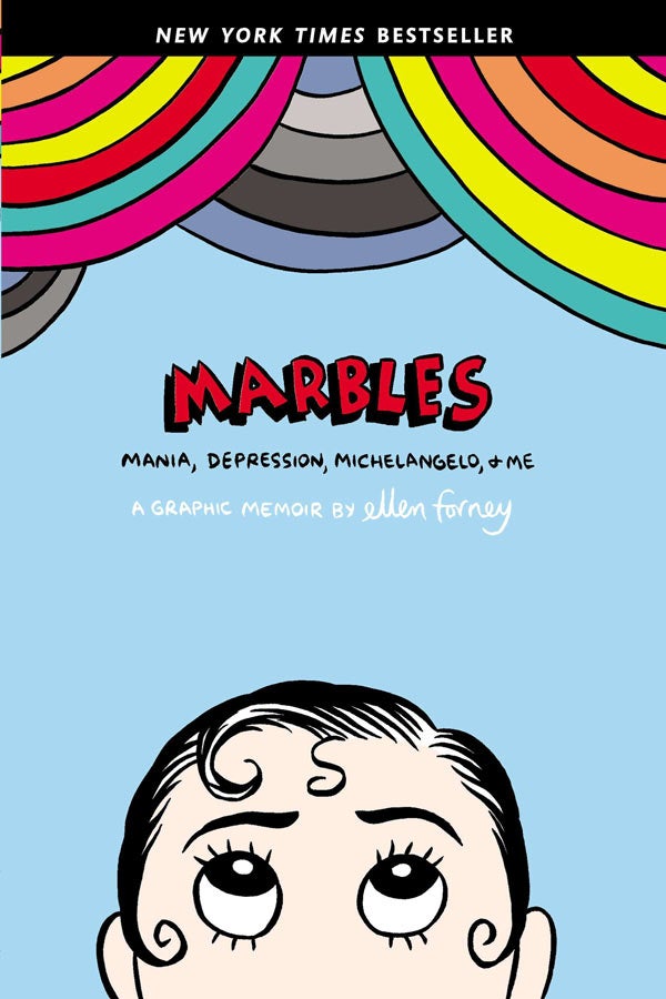 "Marbles" book cover with woman as cartoon figure looking up at the titloe.