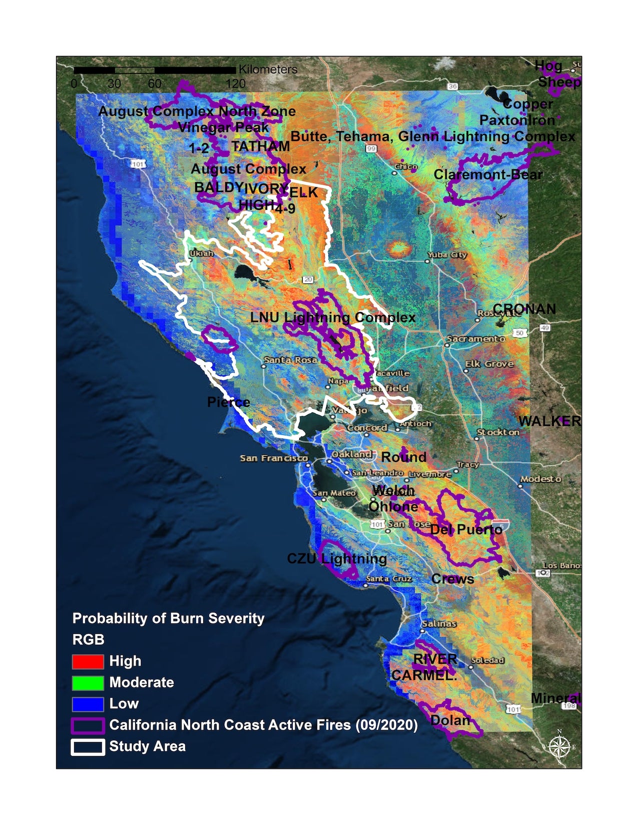 This map overlays the probability of burn severity in California’s northern coastal mountains, as forecasted in a UC Davis study, with burn perimeters of wildfires burning in September 2020. (UC Davis