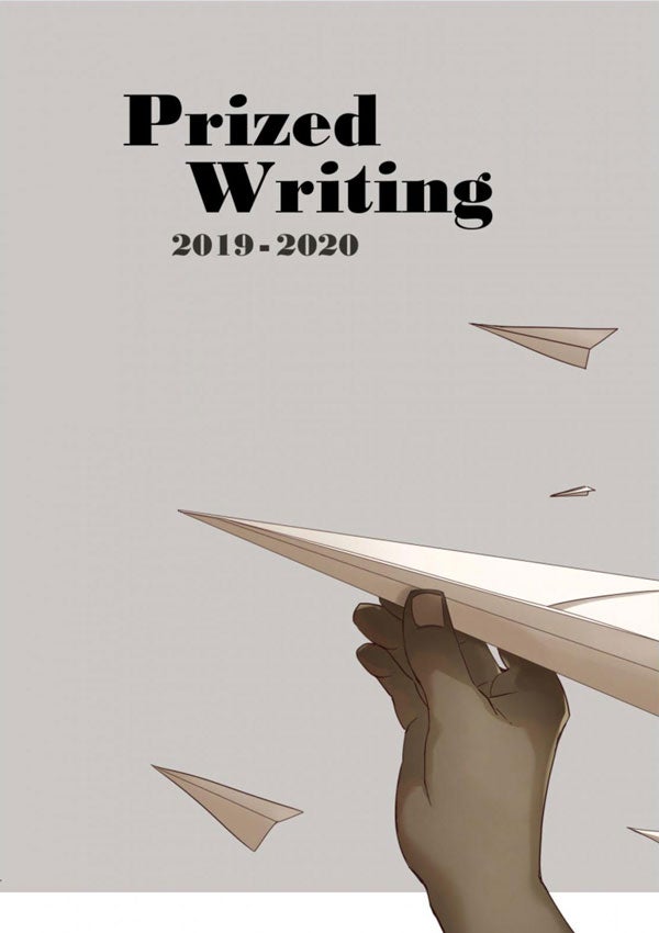 "Prized Writing 2019-20" cover shows hand launching a paper airplane.