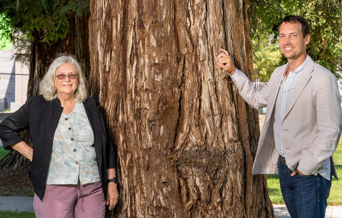 Susan Ustin abd Ben Houlton flank redwood tree in posed photo.