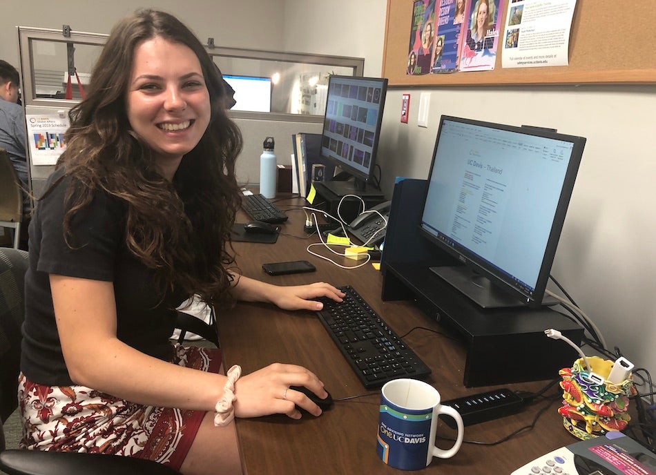 Student assistant Ava Walderman updating country summaries for Global Affairs. Photo courtesy of Ava Walderman.