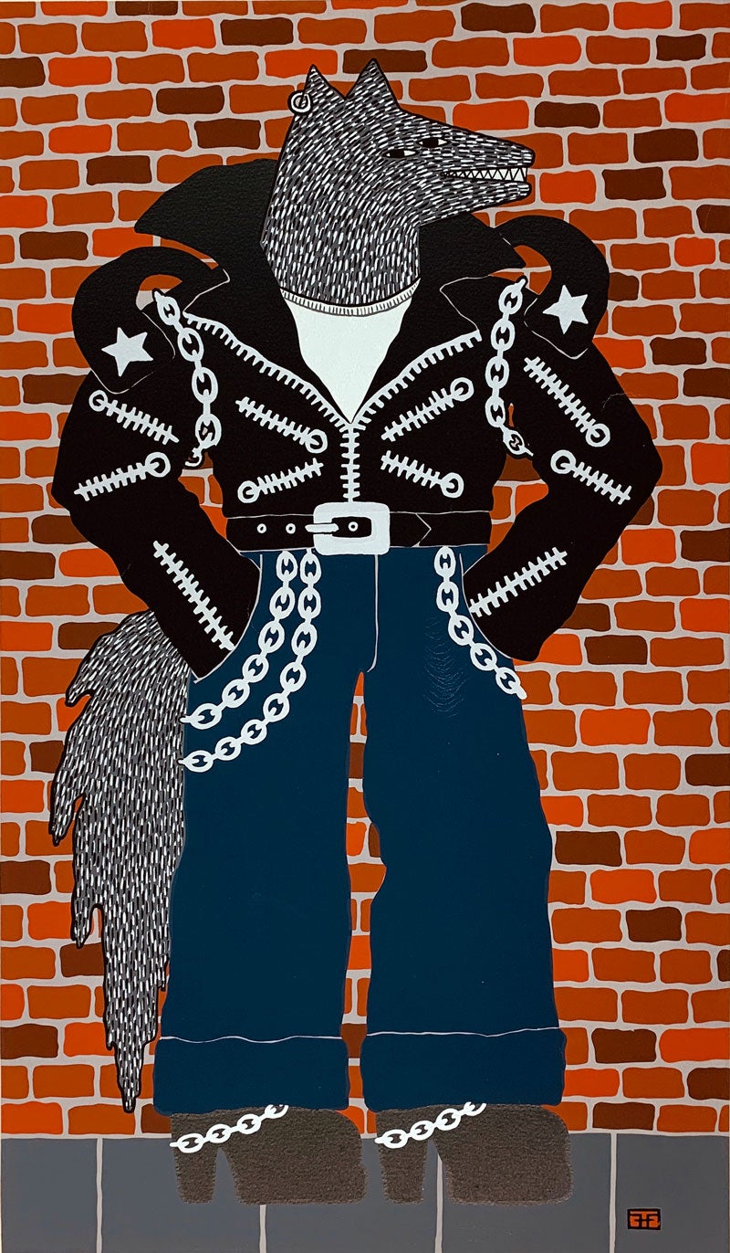artwork depicting an upright coyote dressed in clothing in front of brick wall