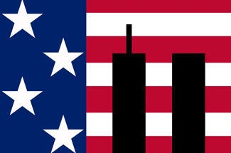 Graphic: World Trade Center towers in silhouette against stars and stripes