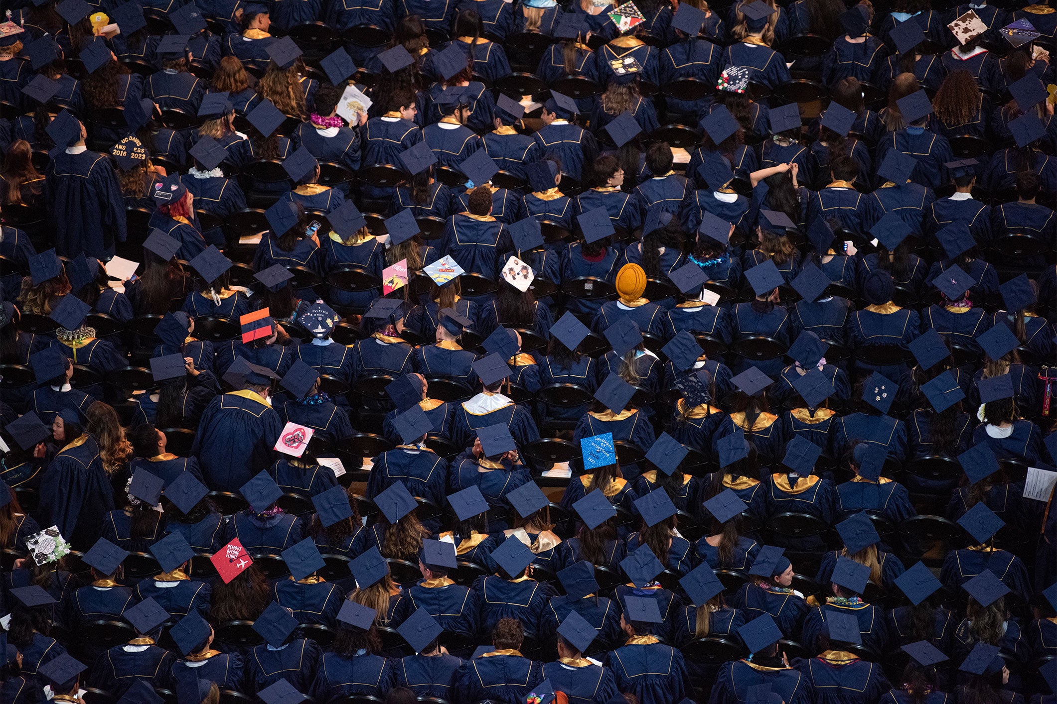 A momentous day for UC Davis graduates, adorned in their academic regalia, marking the culmination of their hard work at the commencement ceremony at the Golden One Center in Sacramento in June 2023. (Gregory Urquiaga/UC Davis)