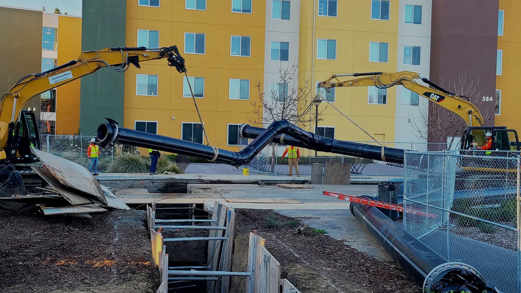 Large underground pipes are installed to help meet campus sustainability goals. The Fossil Fuel-Free Pathway Plan aims to slash 95% of its 2019 fossil fuel use by 2040. (UC Davis)