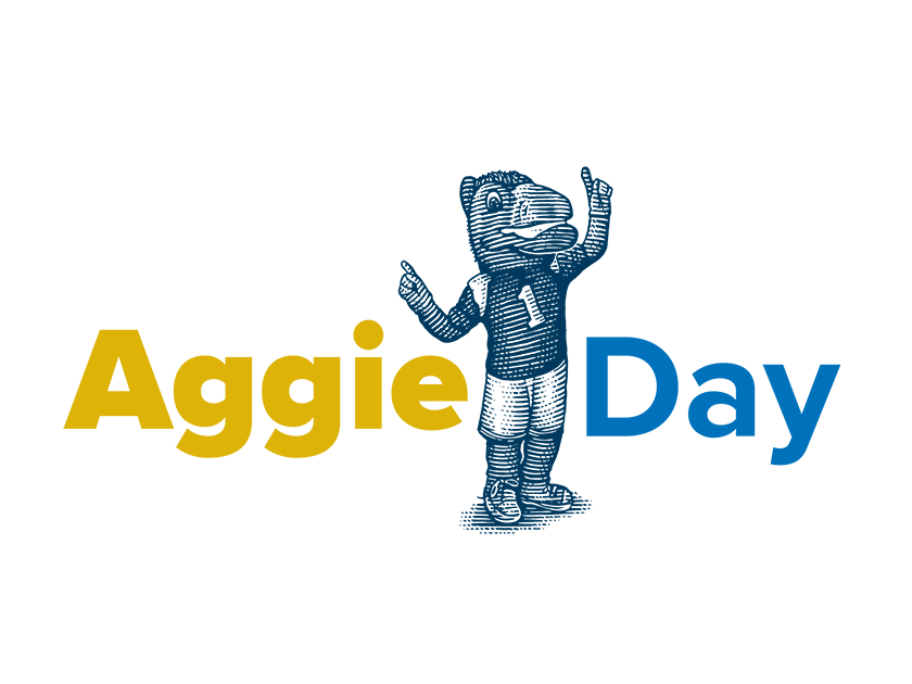 Cartoon mascot in a blue shirt raises one hand alongside "Aggie Day" text in blue and yellow.
