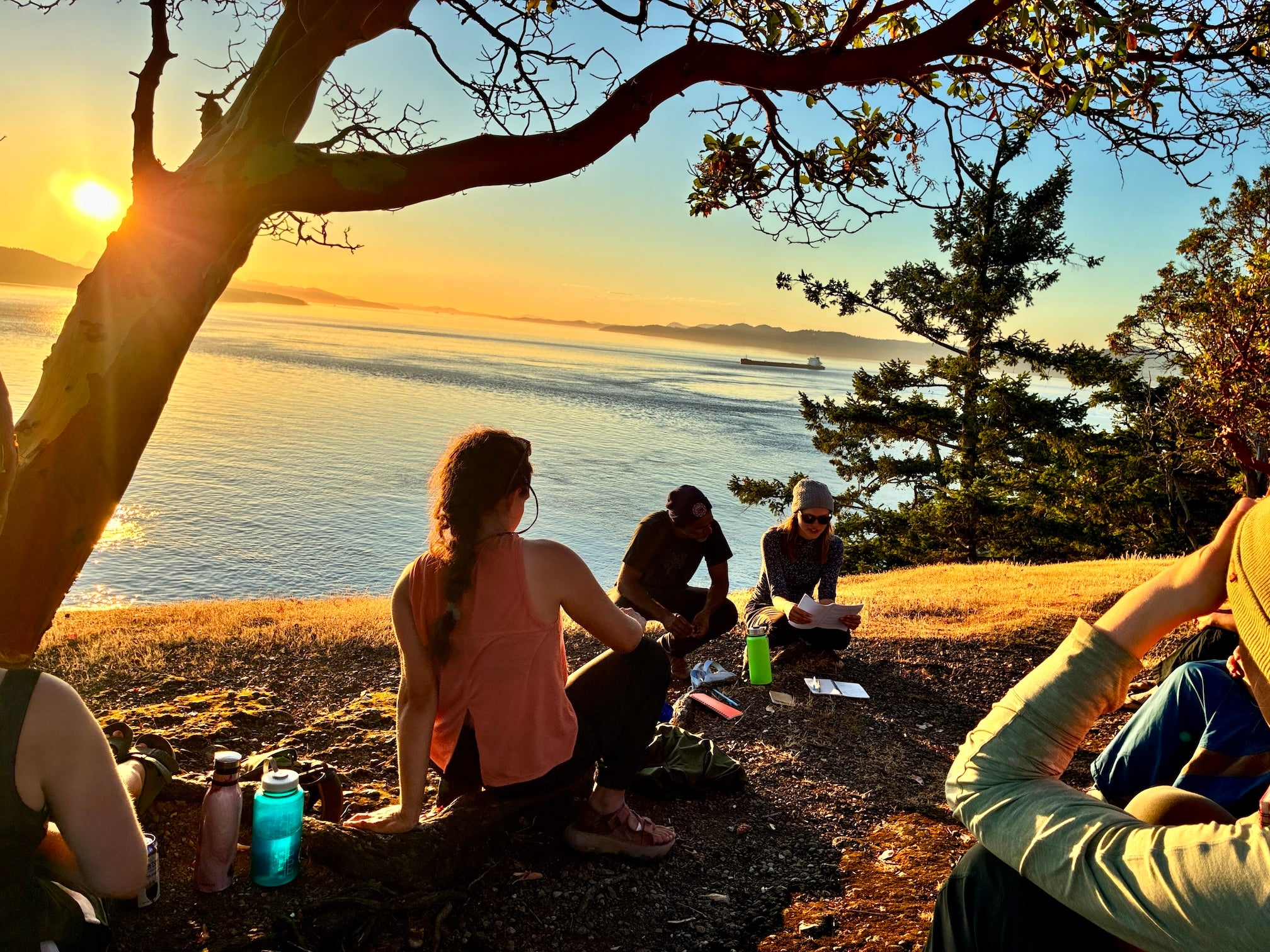 People silhouetted at sunset on a coastal bluff overlooking the ocean