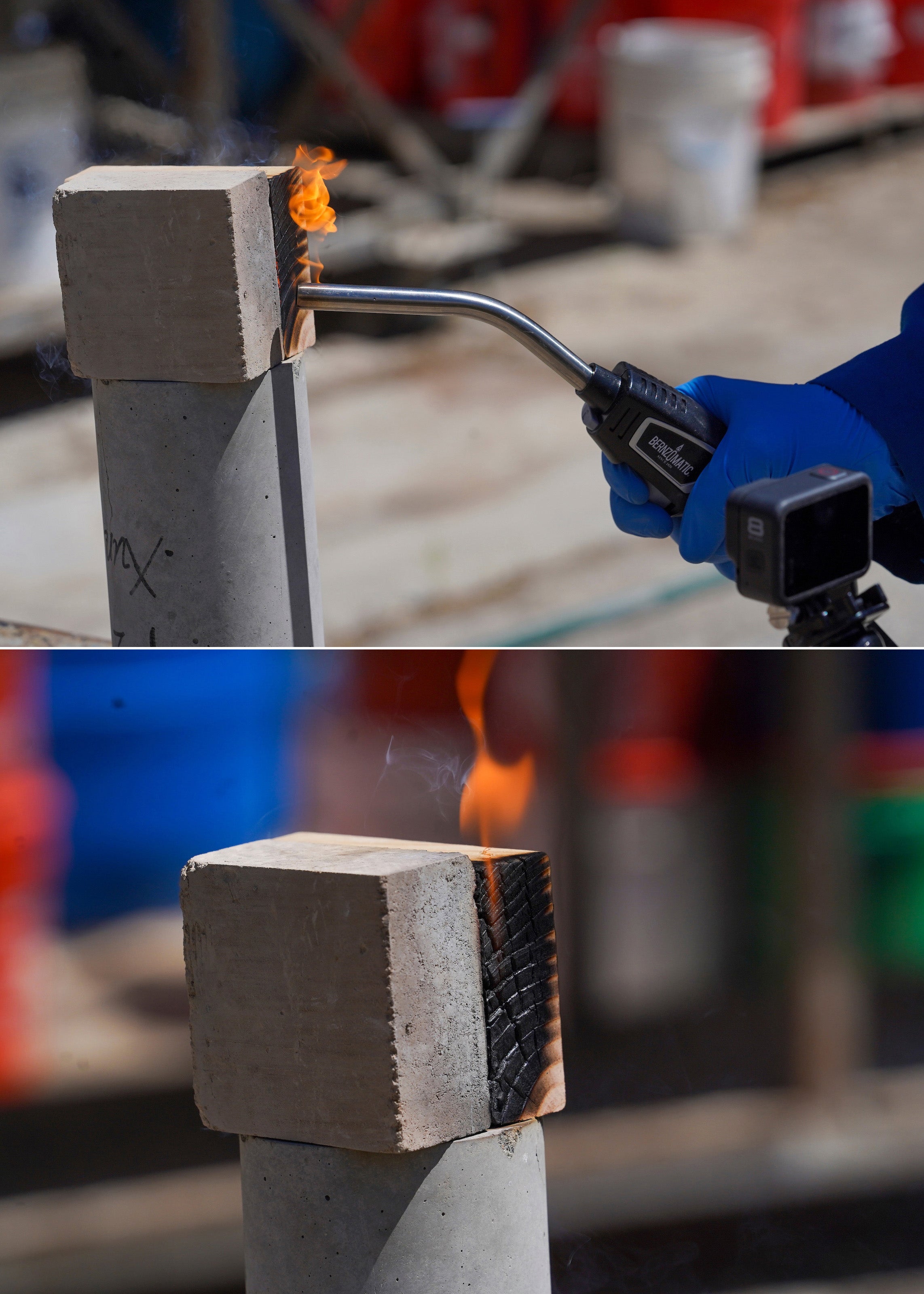 Two photos, one of a blow torch pointed at two blocks, another of the wood block burning