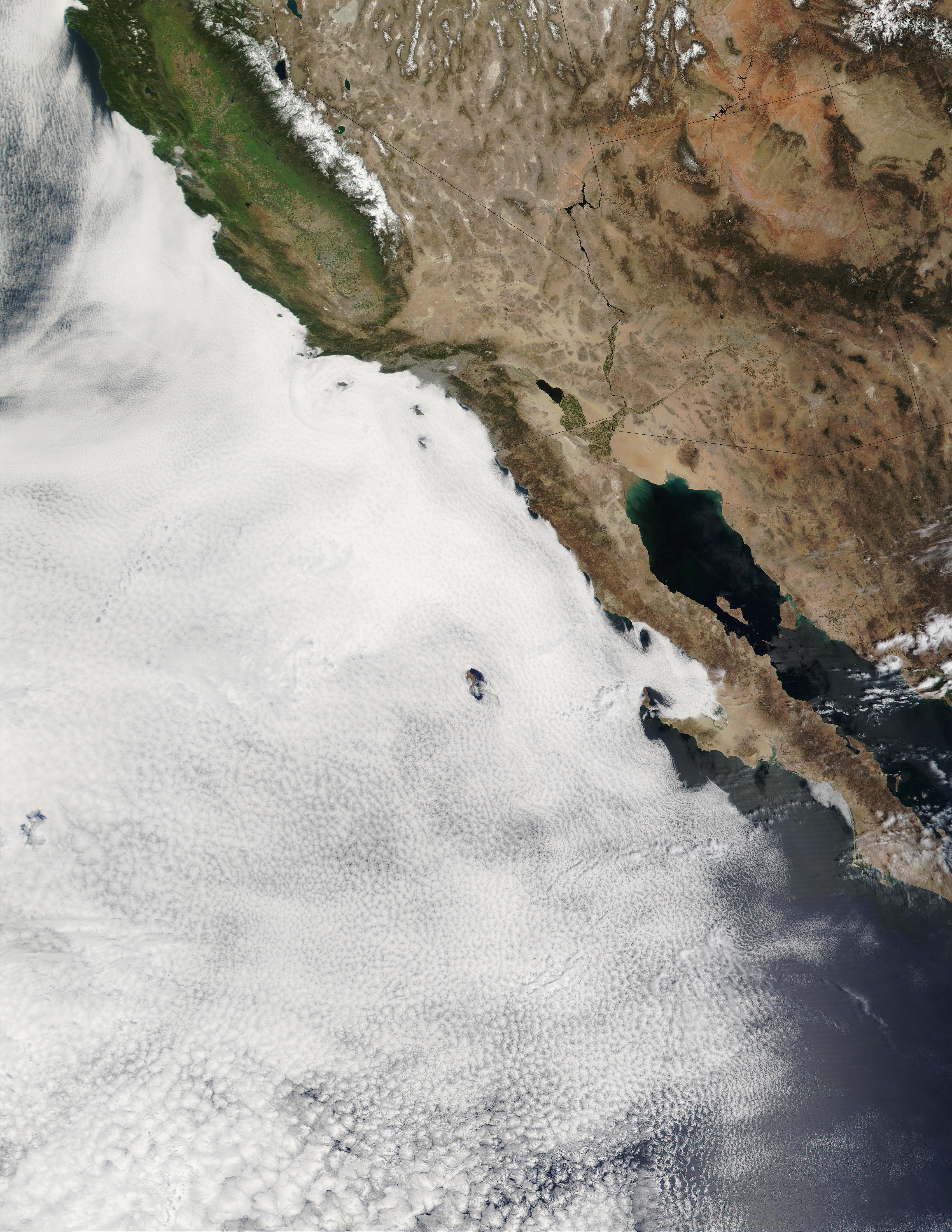 Aerial satellite image of clouds over california coast