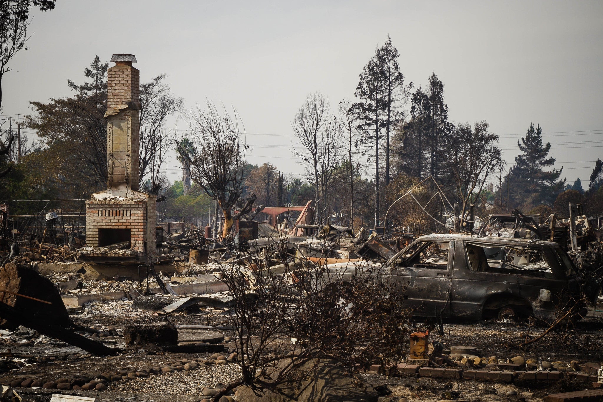 Charred devastation from wildfire at CoffeyPark neighborhood in Santa Rosa