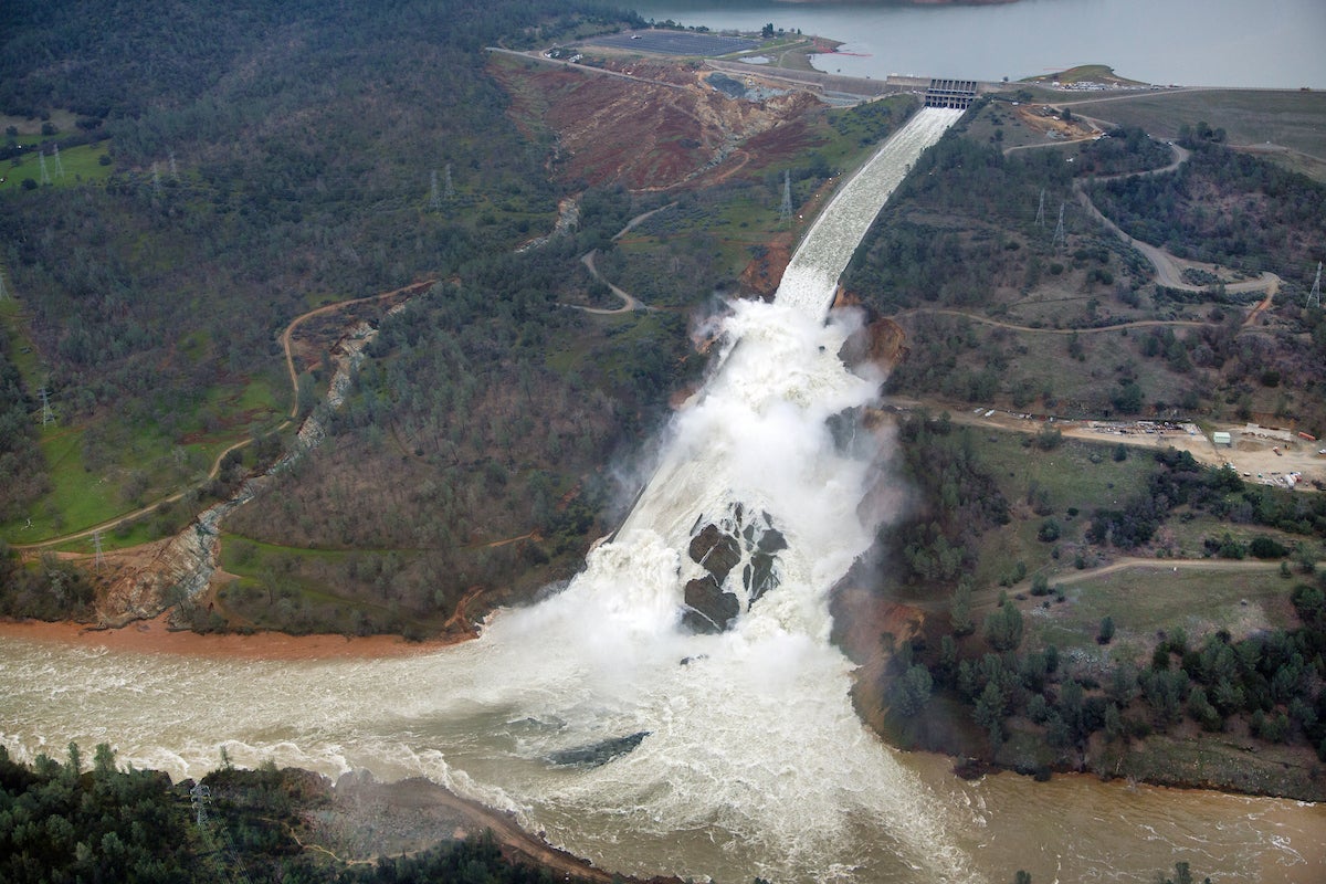 Aerial view of water gushing from Oroville Spillway on Feb. 15 2017