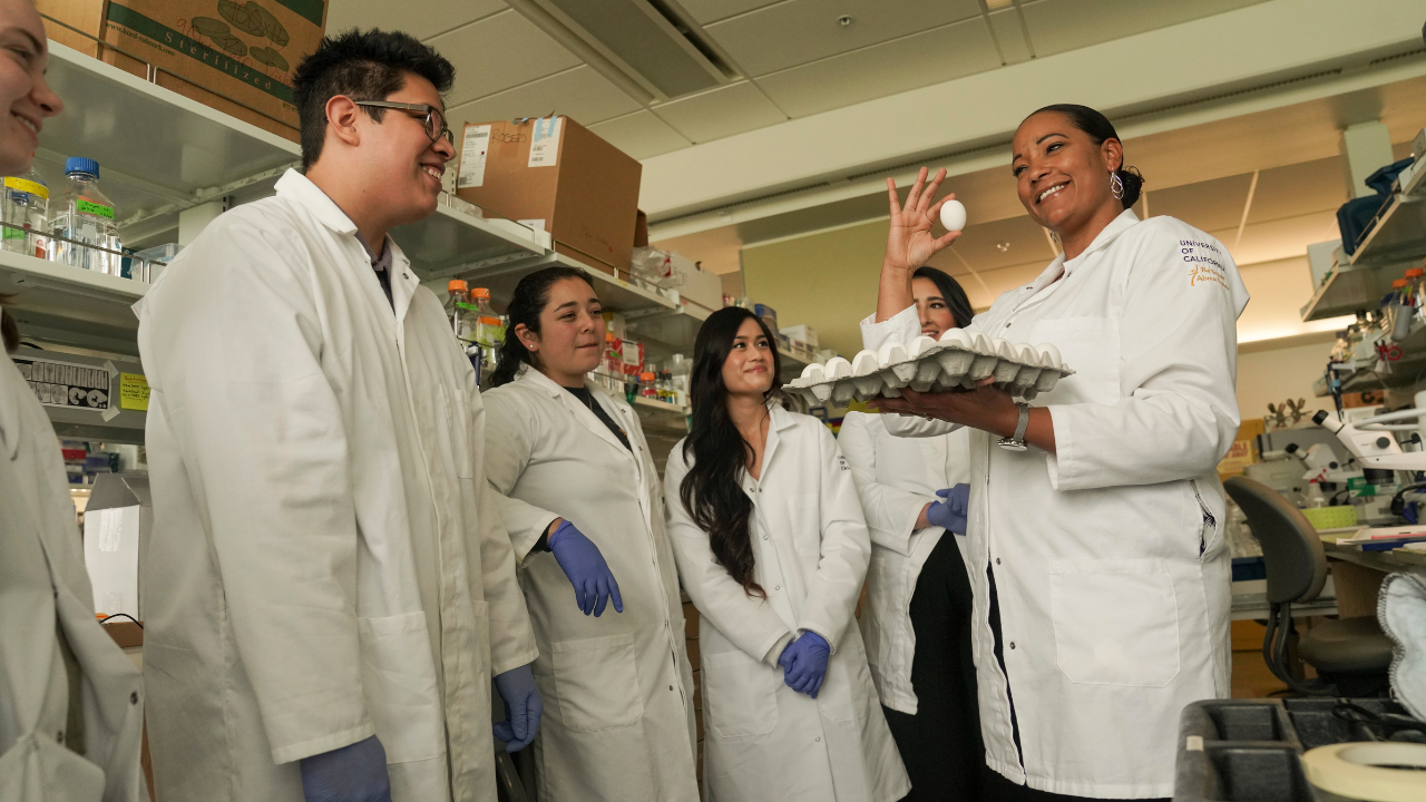 Dr. Crystal Rogers and a group of students hold chicken eggs in Roger's lab in the Vet Med 3B building.