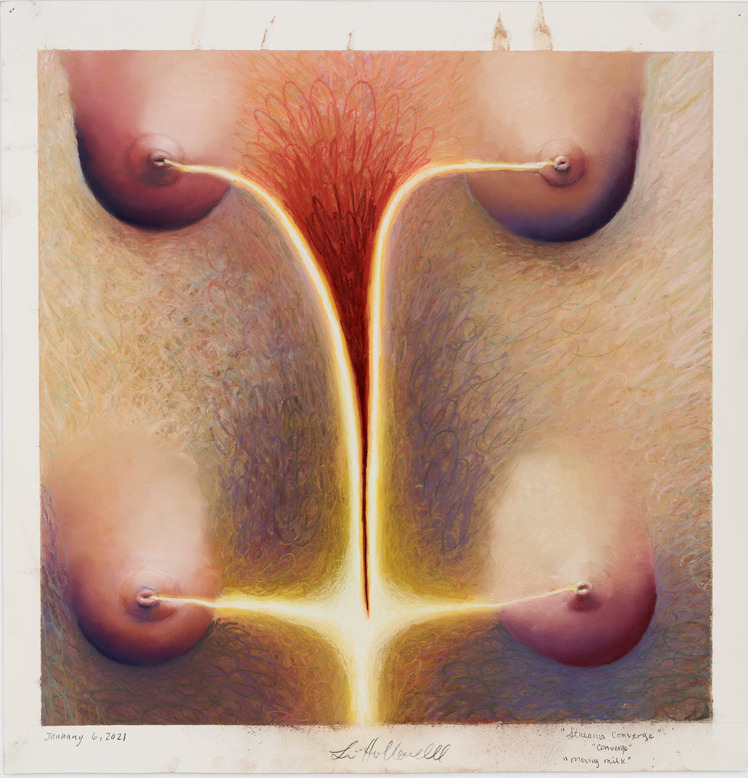art work depicting four female breasts in purplek, red and yellow