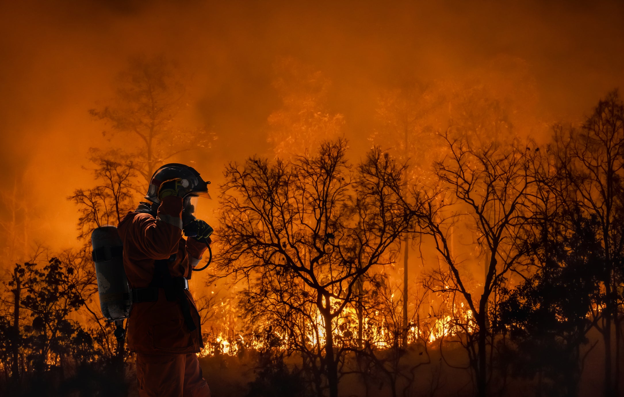 The silhouette of a firefighter is outlined amid orange wildfire flames. 