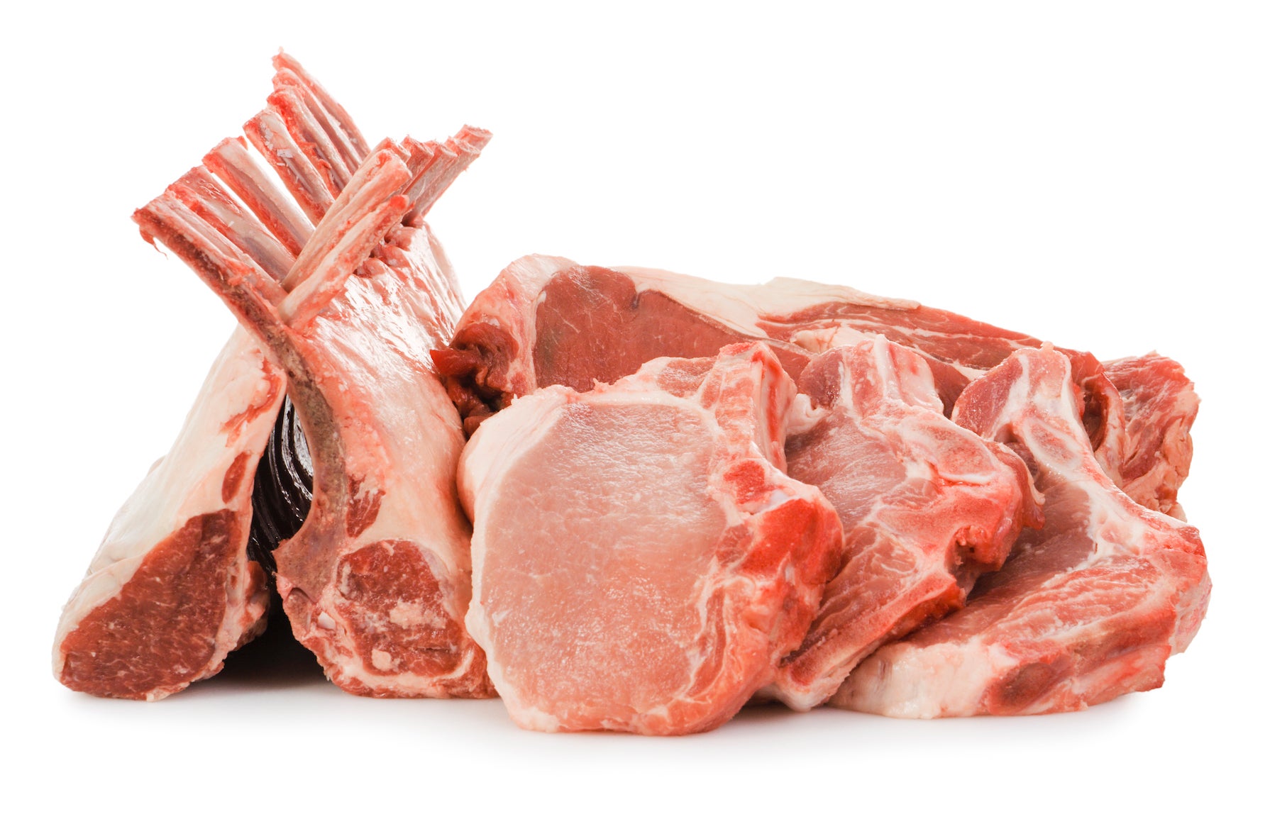 Cuts of pork on a white background