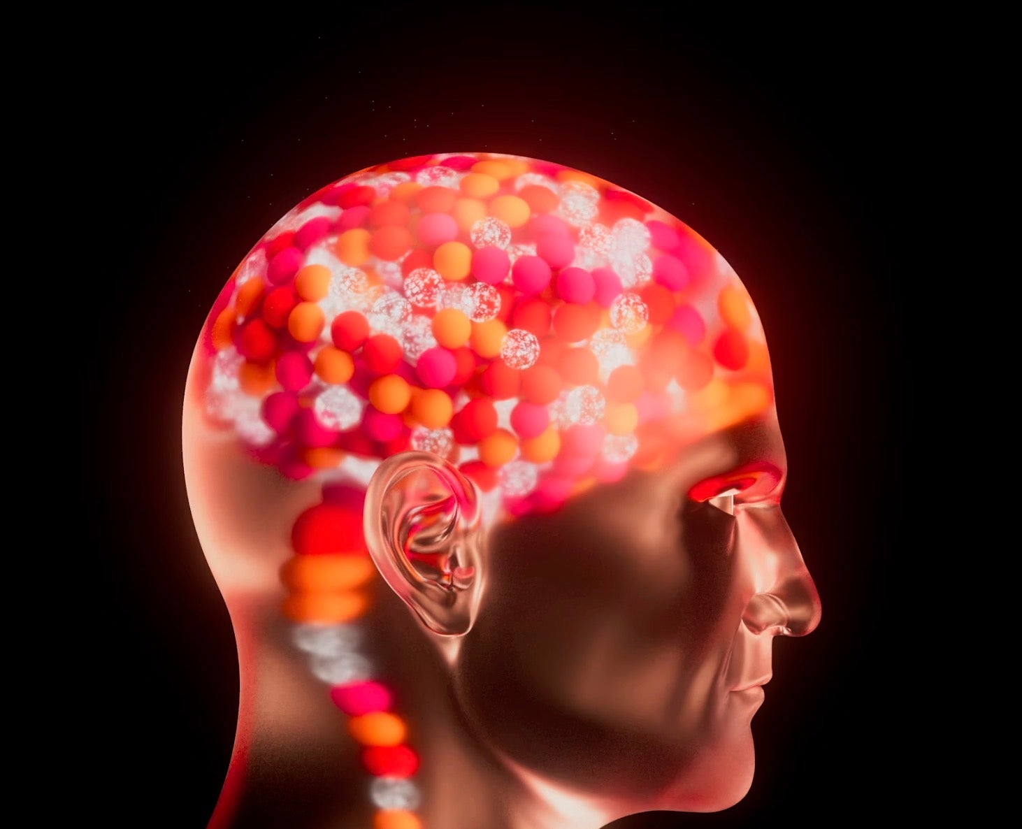 3D render of translucent head profile with colorful pills filling the brain