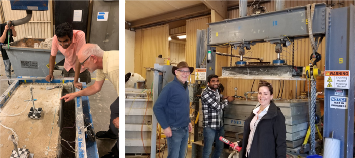 Left hand panel shows two people leaning over a sand model in a box. Right hand panel shows three people, older male in hat, younger man in checked shirt and woman in black jacket, standing in front of a large piece of equipment and looking back at the camera. 