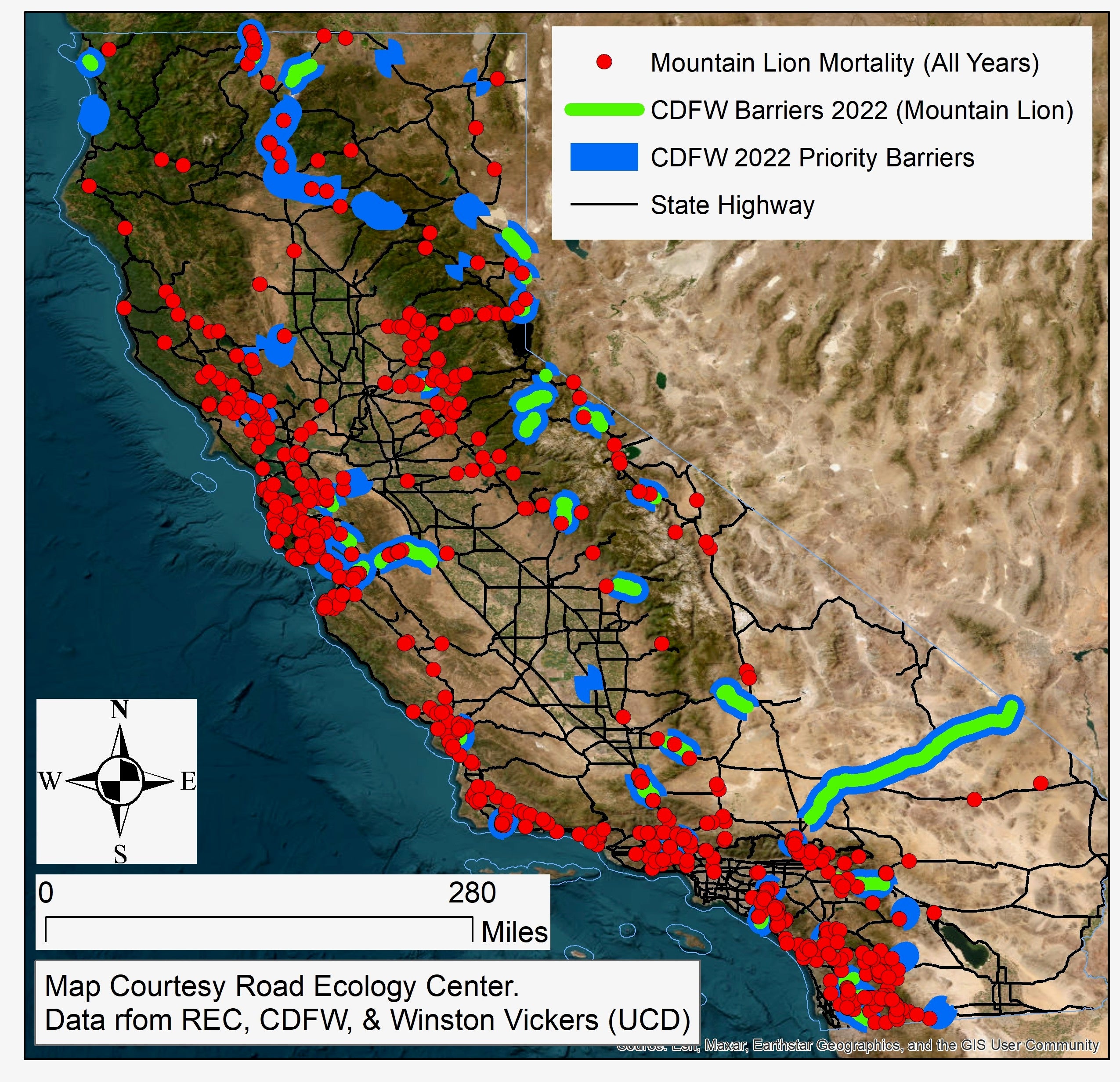 Mountain lion mortality map California 1983-2022
