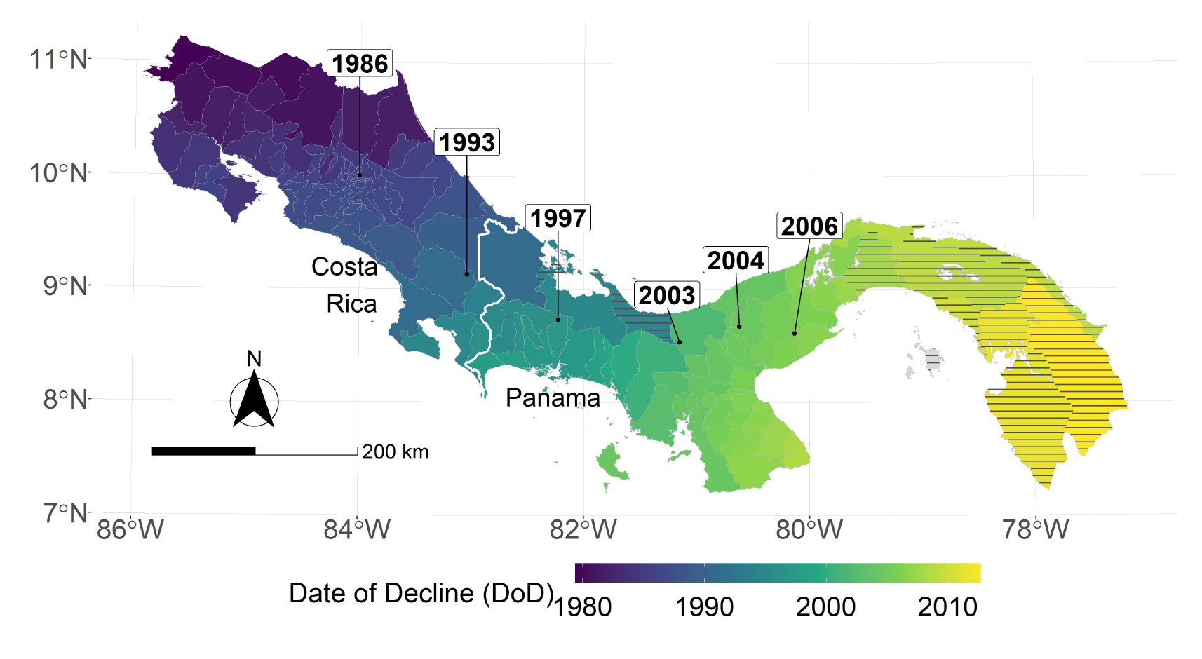 Purple, green and yellow map of Panama and Costa Rica representing malaria cases and amphibian die-offs