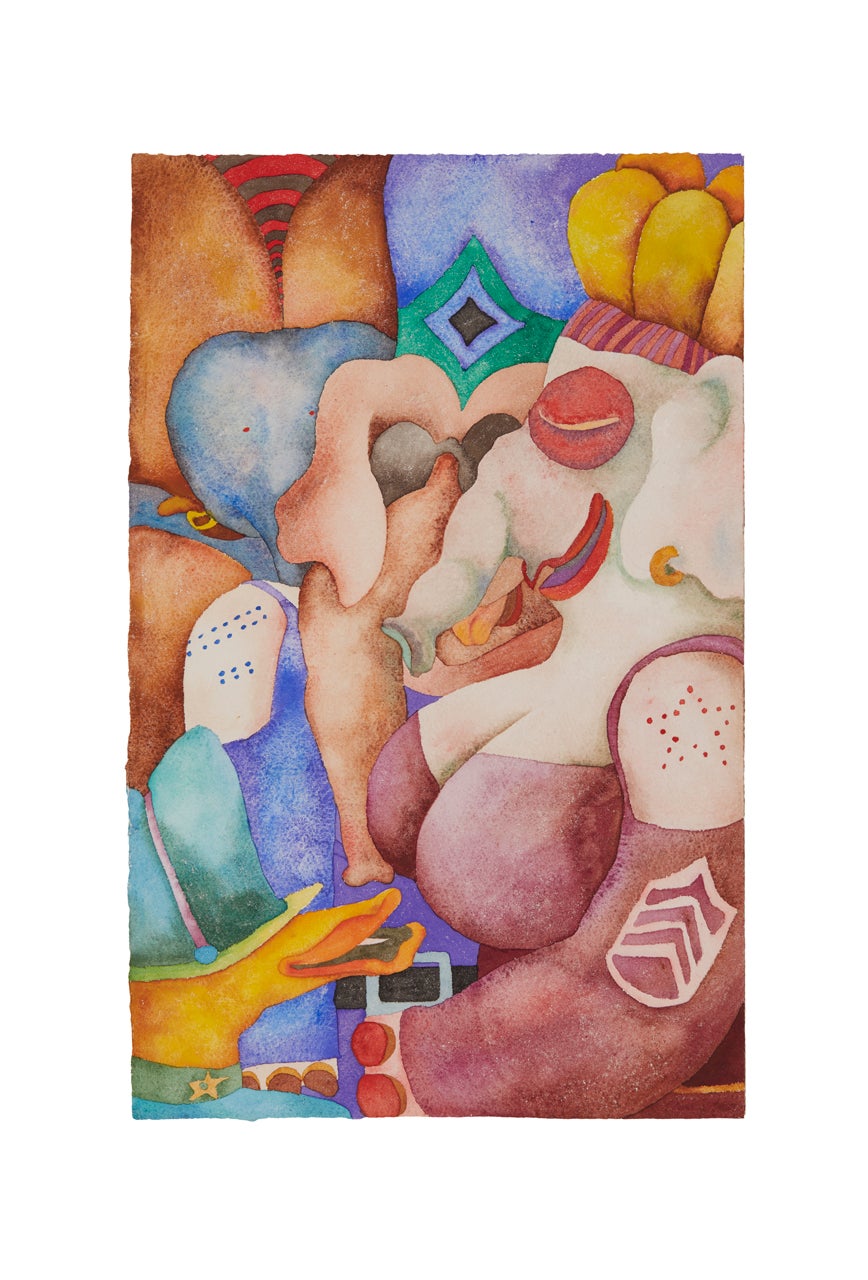 Water color painting featuring many colors and figures.