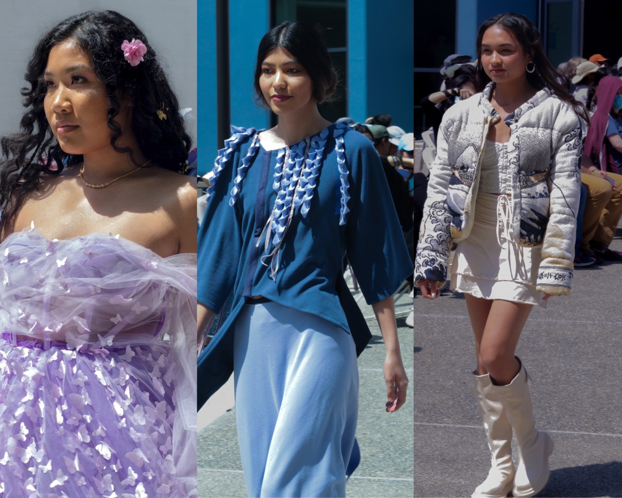 triptych of three photos of students exhibiting fashions at UC Davis fashion show