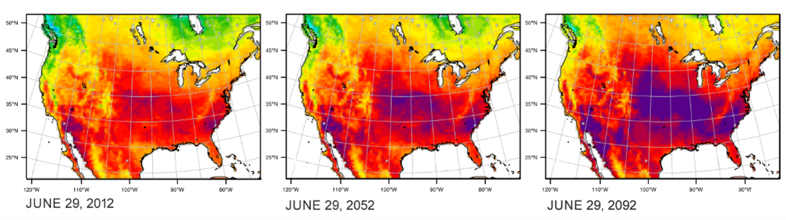 Three thermal images of the United States, one in 2012, one in 2052, and one in 2092. As the year increases, intense surface temperatures increase.