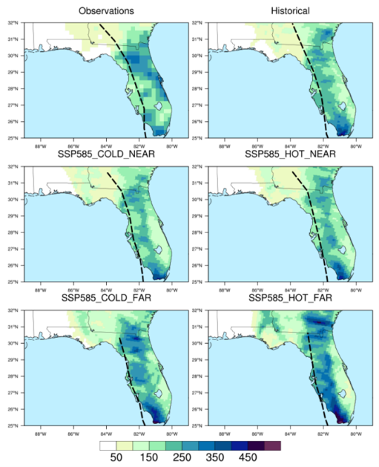 A TGW simulation shows precipitation due to Hurricane Irma under four future scenarios, including historically simulated precipitation and observations. 