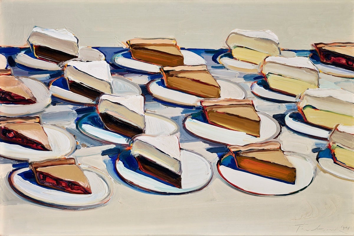 Painting of pieces of different kinds of pie.