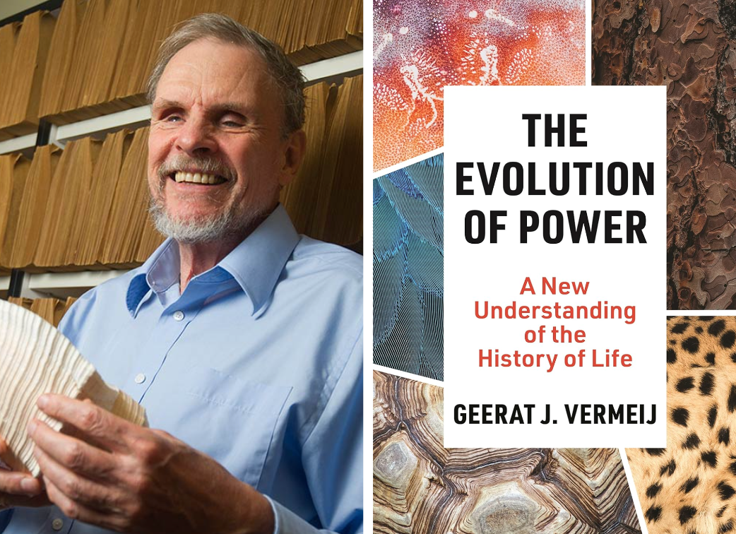 Book cover of "The Evolution of Power." Features pictures of organisms; Headshot of Geerat Vermeij