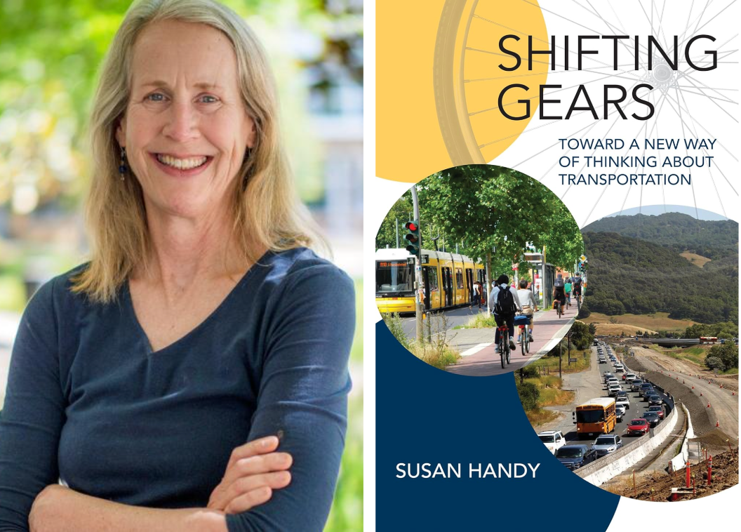 Book cover of "Shifting Gears." Features photos of bikers and heavy traffic jams; Headshot of Susan Handy