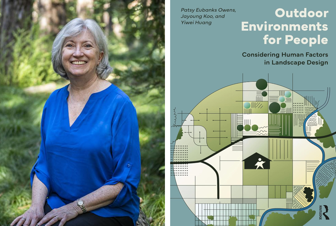 Book cover of "Outdoor Environments For People." Features a green blueprint artistic design; Headshot of Patsy Eubanks Owens