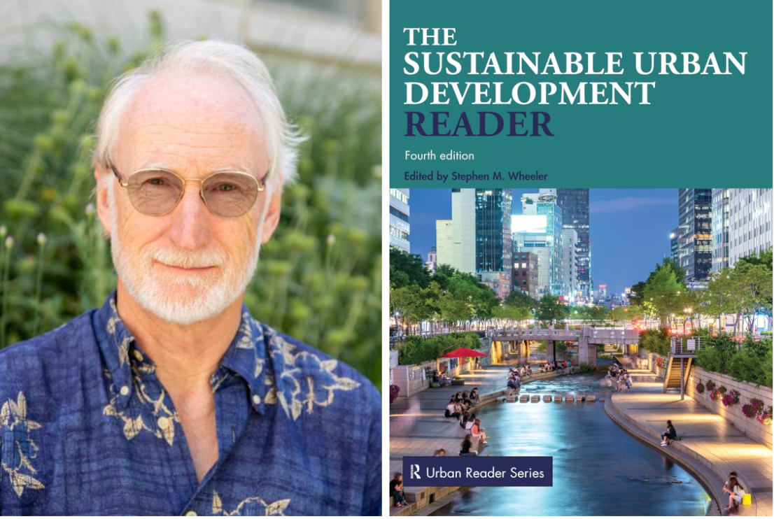 Book cover of "The Sustainable Urban Development Reader." Features an imagined picture of a green space in a city; Headshot of Stephen Wheeler 
