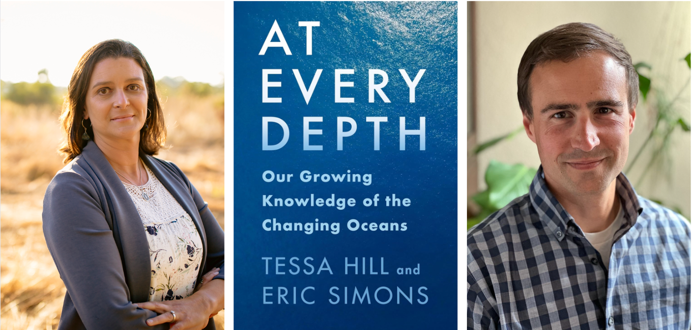 Headshots of Tessa Hill and Eric Simons and book cover of "At Every Depth" featuring an underwater picture