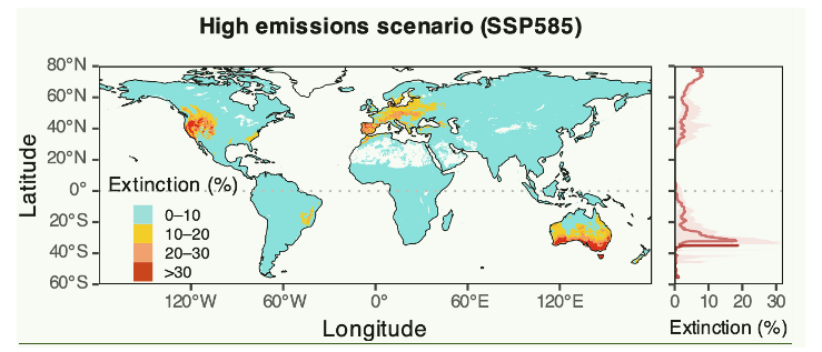 Map graphic of global extinctions under SSP5‑8.5, red hotspots in SE Asia and eastern North America.