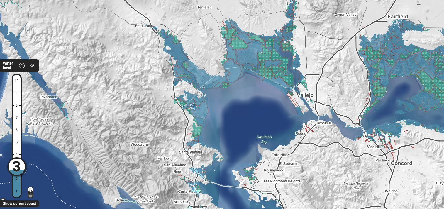 Map graphic showing blue-green radar precipitation over coastal bay and mountains
