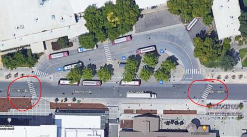 Map of the Silo bus terminal with pedestrian crossings circled in red.