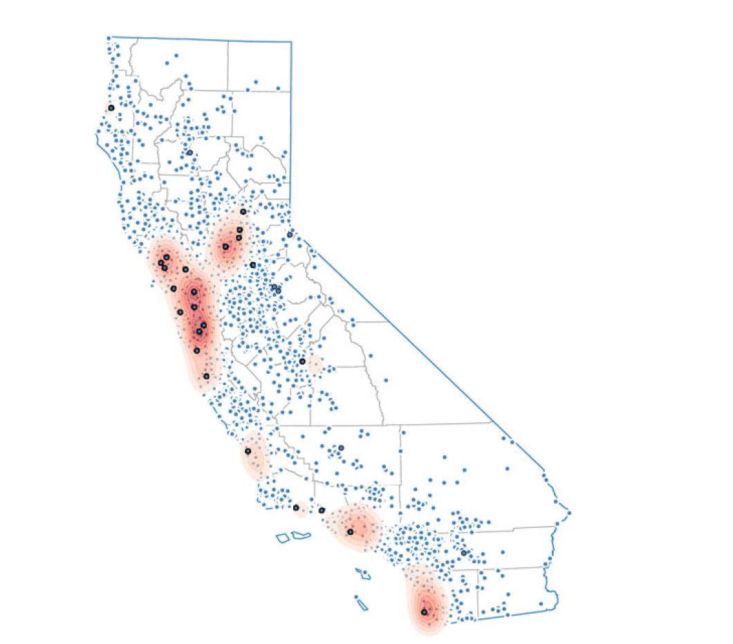 Map of California indicating wildlife rehabilitation organizations and cases of wildlife illness and death events