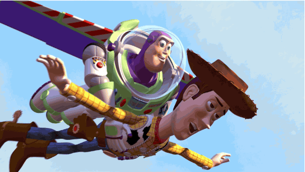 two characters from toy story flying