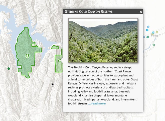 Screen shot of interactive map zeroing in on Stebbins Cold Canyon reserve as an example of UC Davis public outreach