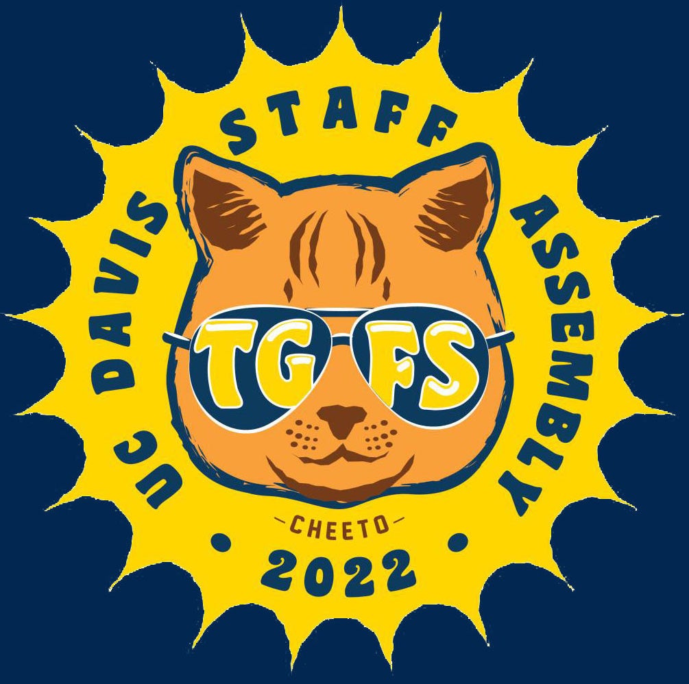 Drawing: Cheeto the cat, wearing "TGFS" sunglasses, against sun background, promoting Thank Goodness for Staff celebration