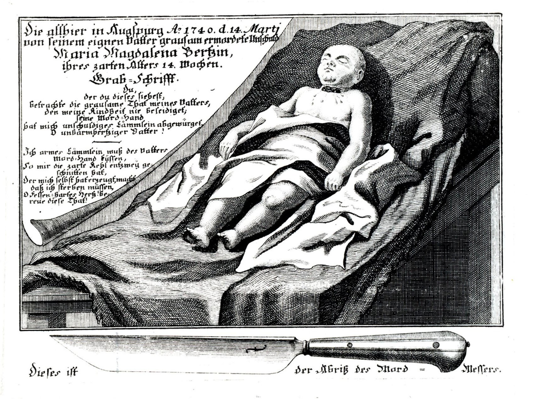 Black and white drawing of child with throat slit.