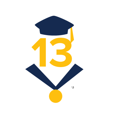 Factoid graphic: "13" with graduation cap and medal