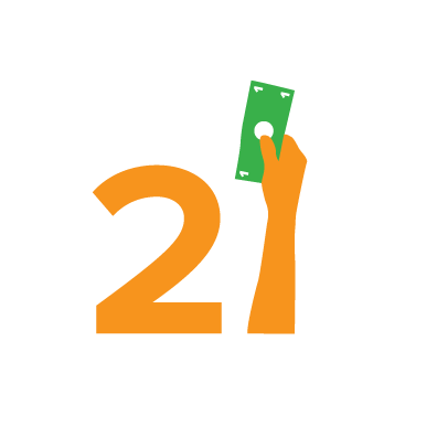 Factoid graphic: "21," with a hand as 1, holding a dollar bill