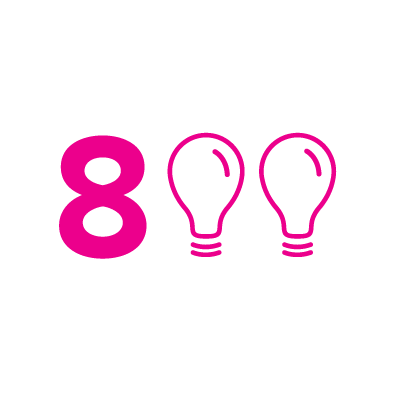 Factoid graphic: "800," with the zeroes represented by lightbulbs, signifiying "ideas"